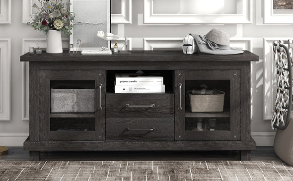 [Christmas Deal] ON-TREND Retro Industrial Vintage Particleboard TV Stand with Two Drawers and Open Style Shelves Glass Doors and Adjustable Shelf, Espresso