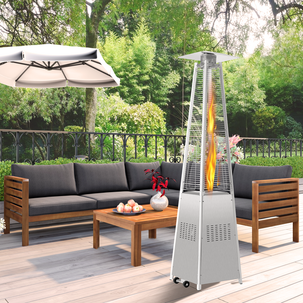 GO 42000 BTU Stainless Steel Material Pyramid Glass Tube Flame Outdoor Heater with Long Strips of Flame with Aluminum Top Reflector Shield Heating Up to 115 Square feet