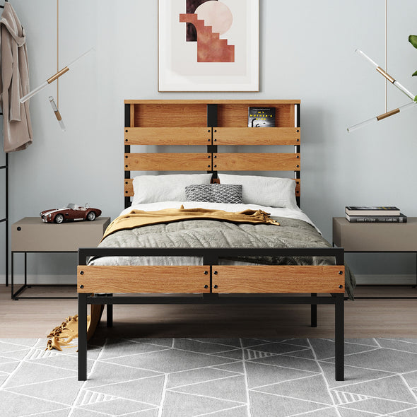 Metal and Wood Bed Frame with Headboard and Footboard ,Twin Size Platform Bed ,No Box Spring Needed(Black)