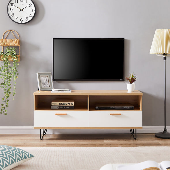 WOOD+WHITE morden TV Stand,high quality table top and wood grain color TV Cabinet,can be assembled in Lounge Room, Living Room or Bedroom,color:WHITE+WOOD
