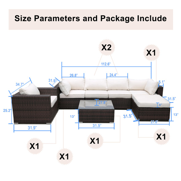 7Pcs Wicker Rattan Patio Sectional Furniture Sets,Cushioned Chairs and Coffee Table