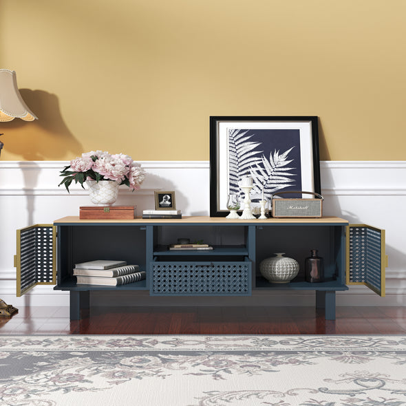 2 Cabinets TV stand for TVs up to 50 , Modern Furniture Decor,Made with Iron + Carbonized Bamboo,Easy Assembly