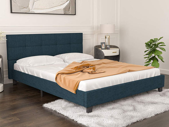 Upholstered Linen Queen Platform Bed/Metal Frame with Tufted Square Stitched Headboard - Strong Wood Slats Support - Mattress Foundation in dark Blue, Queen Size