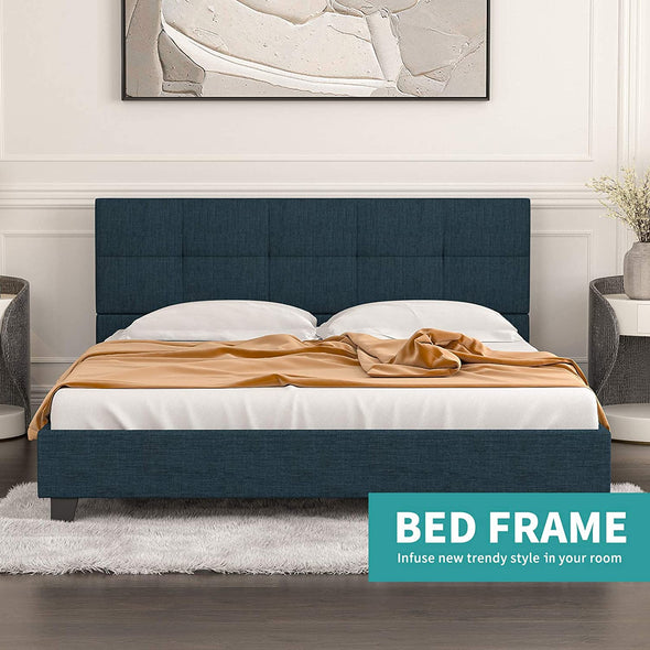 Upholstered Linen Queen Platform Bed/Metal Frame with Tufted Square Stitched Headboard - Strong Wood Slats Support - Mattress Foundation in dark Blue, Queen Size