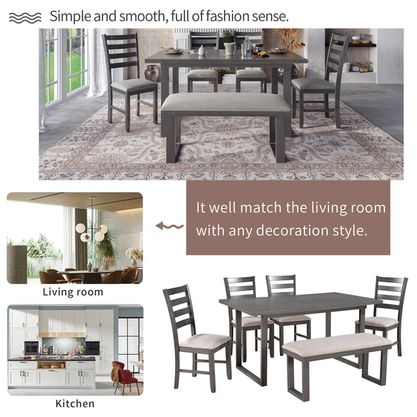 TREXM Wood Dining Room Set Rrectangle Table and 4 Chairs with Bench, Family Furniture Set of 6 (Gray)