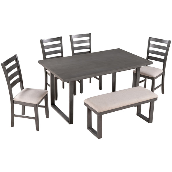 TREXM Wood Dining Room Set Rrectangle Table and 4 Chairs with Bench, Family Furniture Set of 6 (Gray)