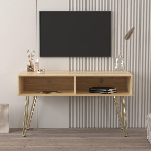 Modern Design TV stand stable Metal Legs  with 2 open shelves to put TV, DVD, router, books, and small ornaments,Fir Wood
