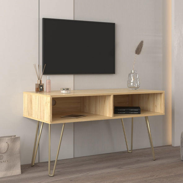 Modern Design TV stand stable Metal Legs  with 2 open shelves to put TV, DVD, router, books, and small ornaments,Fir Wood