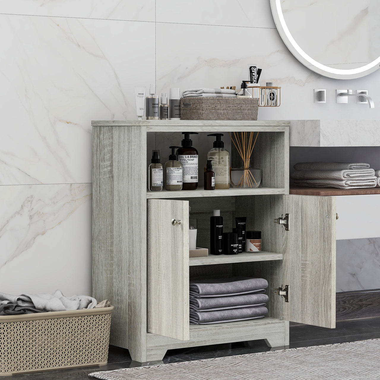 Bathroom Cabinet with Adjustable Shelves, Storage Cabinet for Home Kitchen, Freestanding Floor Cabinet Easy to Assemble