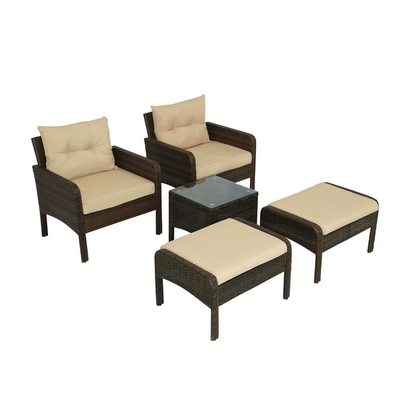 GO 5-Piece PE Rattan Wicker Outdoor Patio Furniture Set with Glass Table