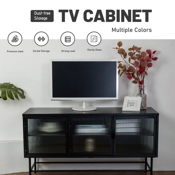 Modern metal and clear fluted glass TV Stand for TVs up to 55 Inches,with thin tubular legs,Wide Countertop Three Drawers Enclosed Dust-free Storage Entertainment Center Ample Storage Space ,BLACK