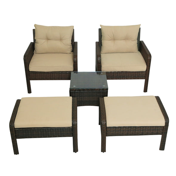 GO 5-Piece PE Rattan Wicker Outdoor Patio Furniture Set with Glass Table