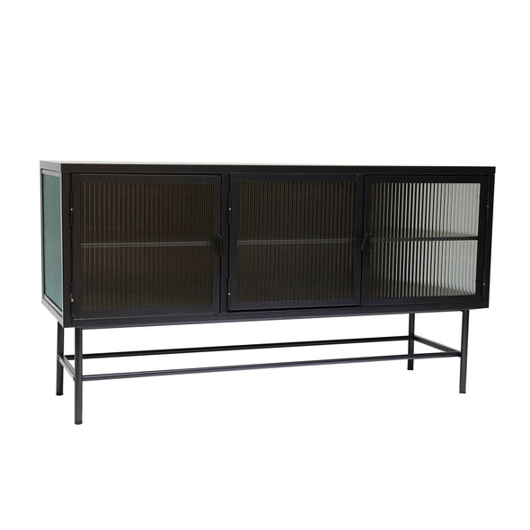 Modern metal and clear fluted glass TV Stand for TVs up to 55 Inches,with thin tubular legs,Wide Countertop Three Drawers Enclosed Dust-free Storage Entertainment Center Ample Storage Space ,BLACK