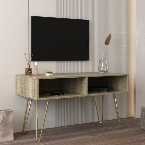 Modern Design TV stand stable Metal Legs  with 2 open shelves to put TV, DVD, router, books, and small ornaments,Grey