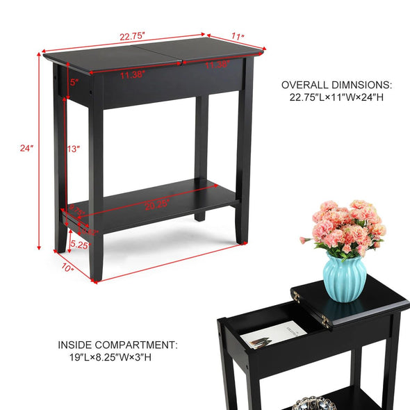 Flip Top End Table Narrow Side Table with Storage Shelf - black