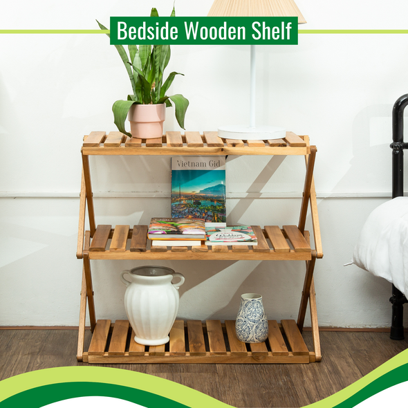 BEEFURNI Acacia 3 Tiers Wooden Plants Stand Foldable Shoe Rack Multipurpose Shelf Perfect Idea For Living Room, Bedroom, Hallway, Bathroom Natural Color.