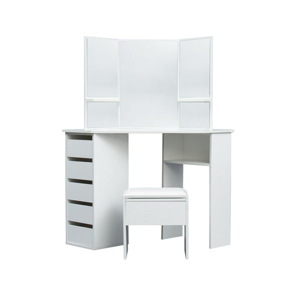 Corner Dressing Table Makeup Desk with Three-Fold Mirror and 5 Drawers Wooden Bedroom Vanity Table (White)