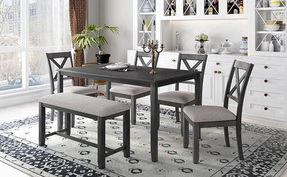TREXM 6-Piece Kitchen Dining Table Set Wooden Rectangular Dining Table, 4 Dining Chair and Bench Family Furniture (Grey)