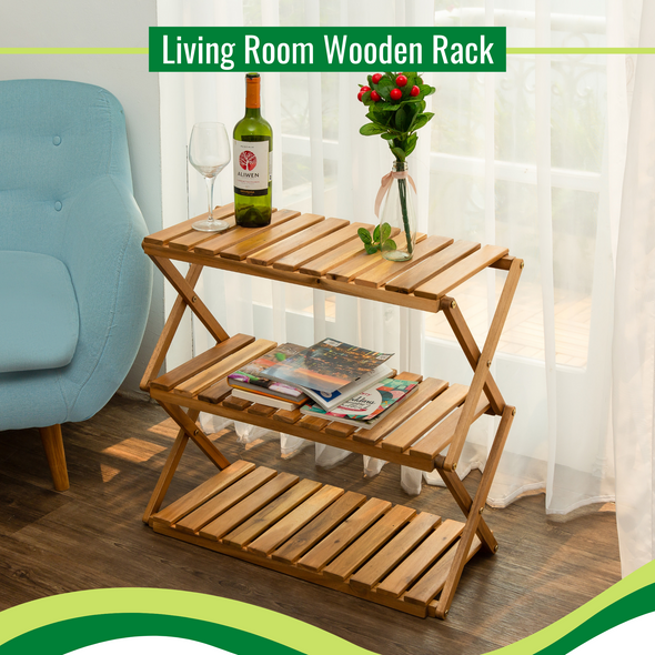 BEEFURNI Acacia 3 Tiers Wooden Plants Stand Foldable Shoe Rack Multipurpose Shelf Perfect Idea For Living Room, Bedroom, Hallway, Bathroom Natural Color.