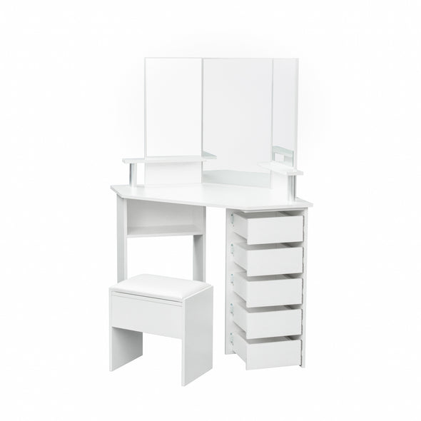 Corner dressing table make up desk with three-fold mirror and 5 rotary drawer Wooden Bedroom Vanity Table (White)