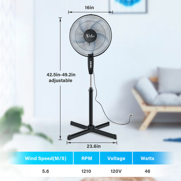 Simple Deluxe Oscillating 16&Prime; 3 Adjustable Speed Pedestal Stand Fan for Indoor, Bedroom, Living Room, Home Office & College Dorm Use, 16 Inch, Black