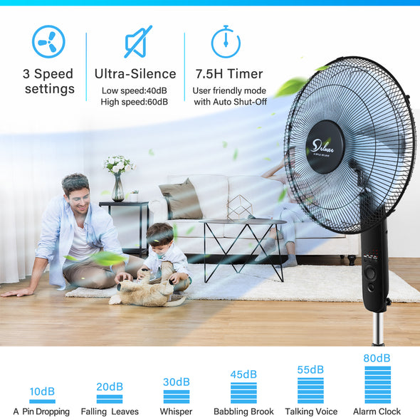 Simple Deluxe Oscillating 16&Prime; Adjustable 3 Speed Pedestal Stand Fan with Remote Control for Indoor, Bedroom, Living Room, Home Office & College Dorm Use