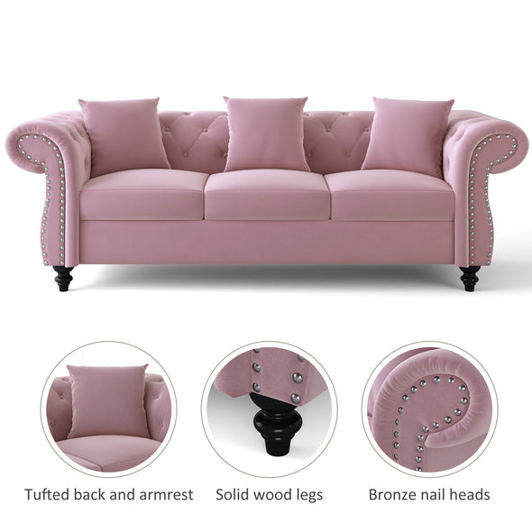 [New] 80 Chesterfield Sofa Tufted Velvet Upholstered 3-Seater Sofa Scrolled Arms With Nailhead Decoration,3 Pillows included
