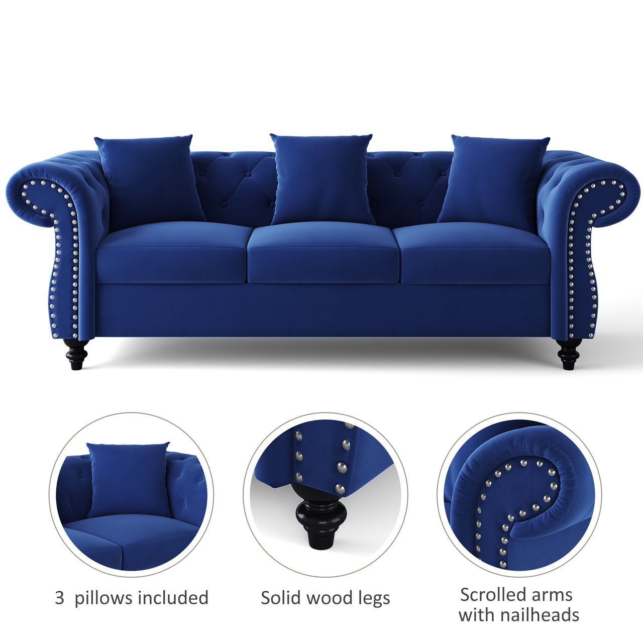[New] 80 Chesterfield Sofa Tufted Velvet Upholstered 3-Seater Sofa Scrolled Arms With Nailhead Decoration,3 Pillows included