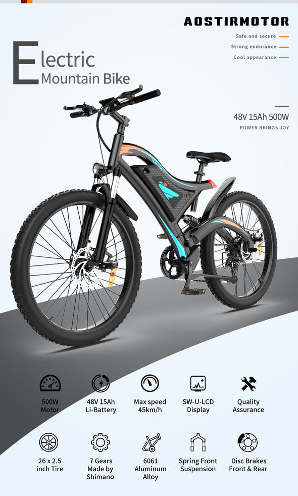 AOSTIRMOTOR 26  500W Electric Bike Fat Tire P7 48V 15AH Removable Lithium Battery for Adults S05