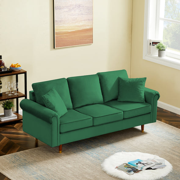 Velvet Sofa Couch with 2 Pillows, Modern 3 Seater Sofa With Wood Legs for Living Room and Bedroom .