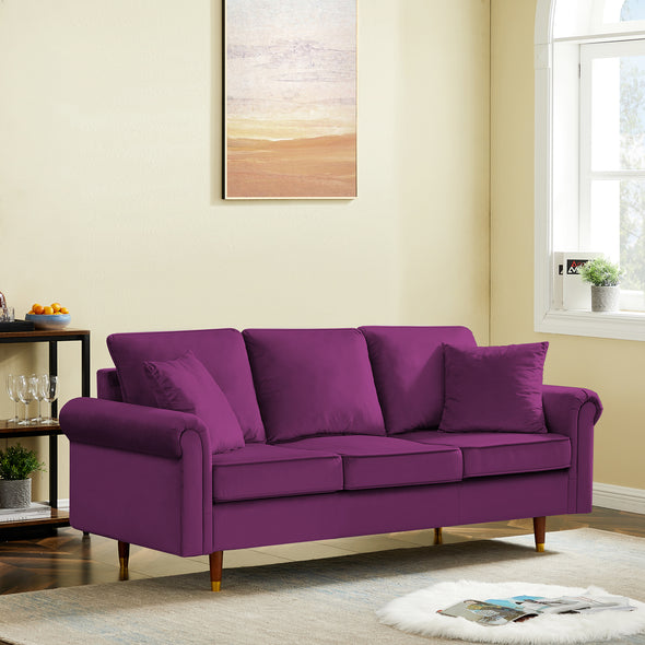 Velvet Sofa Couch with 2 Pillows, Modern 3 Seater Sofa With Wood Legs for Living Room and Bedroom .