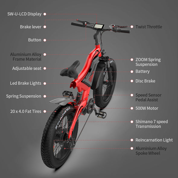 AOSTIRMOTOR Electric Bicycle 500W Motor 20  Fat Tire With 48V/15Ah Li-Battery S18-MINI-Red