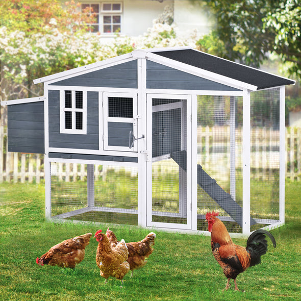 TOPMAX 73.6 Large Wooden Chicken Coop Small Animal House Rabbit Hutch with Tray and Ramp, Gray Color
