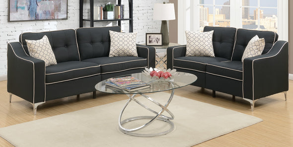 Living Room Black Glossy Polyfber Sofa And Loveseat Furniture Plywood Metal Legs Couch Pillows 2pc Sofa set