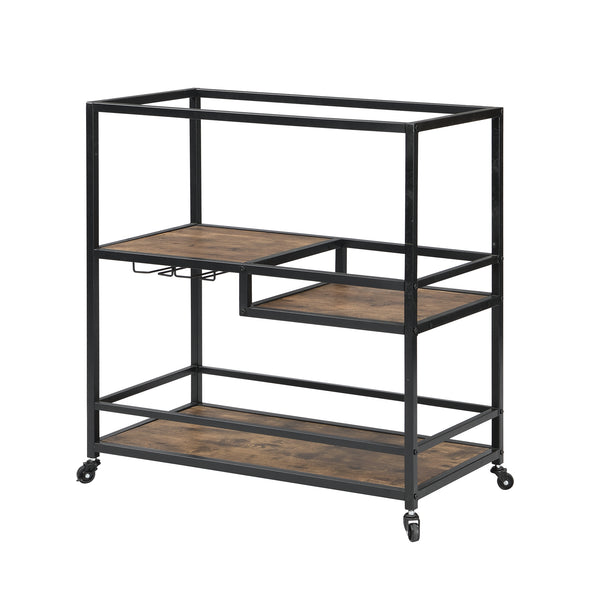 TOPMAX 31.5  Large Bar Cart Home Serving Cart Dining Cart with Lockable Wheels, 3-Tier Wine Cart with Removable Tray, Glass Holders for Kitchen, Dining Room, Rustic Brown+Black Frame