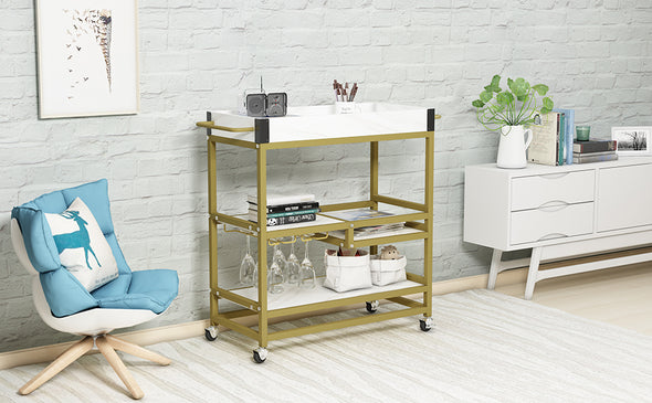 TOPMAX 31.5  Large Bar Cart Home Serving Cart Dining Cart with Lockable Wheels, 3-Tier Wine Cart with Removable Tray, Glass Holders for Kitchen, Dining Room, Faux Marble White+Gold Frame