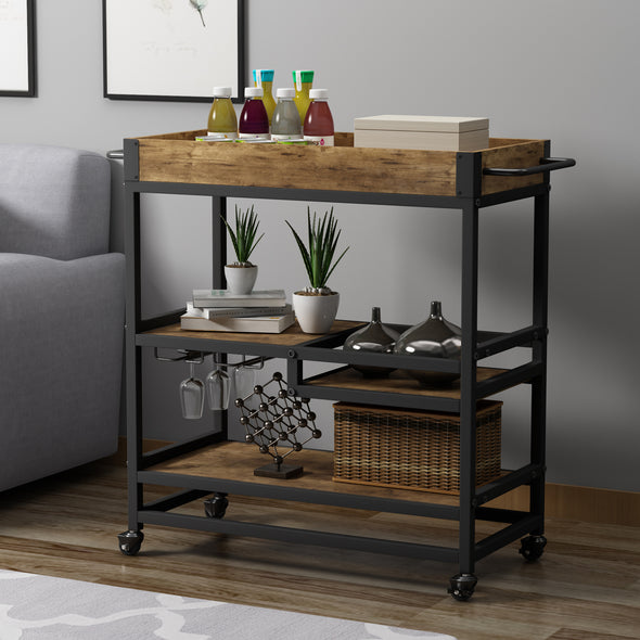 TOPMAX 31.5  Large Bar Cart Home Serving Cart Dining Cart with Lockable Wheels, 3-Tier Wine Cart with Removable Tray, Glass Holders for Kitchen, Dining Room, Rustic Brown+Black Frame