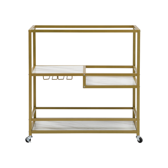 TOPMAX 31.5  Large Bar Cart Home Serving Cart Dining Cart with Lockable Wheels, 3-Tier Wine Cart with Removable Tray, Glass Holders for Kitchen, Dining Room, Faux Marble White+Gold Frame