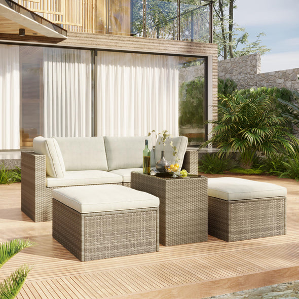 TOPMAX Outdoor Patio Furniture Set, 5-Piece Wicker Rattan Sectional Sofa Set, Brown and Beige