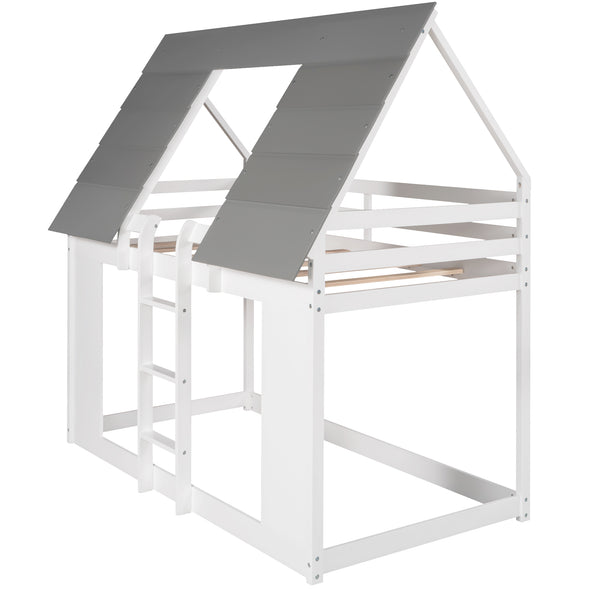 House Bunk Bed with Roof and Built-in Ladder,White(Expected Arrival Time:2.5)