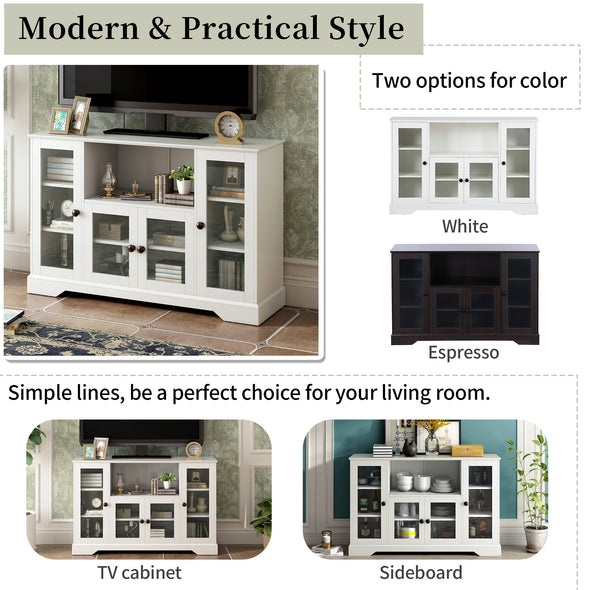 ON-TREND TV Stand for TV up to 60in with 4 Tempered Glass Doors Adjustable Panels Open Style Cabinet, Sideboard for Living room, White