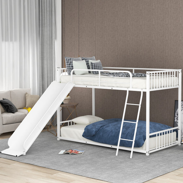 Metal Bunk Bed with Slide, Twin over Twin, White(Expected Ariival Time:2.7)