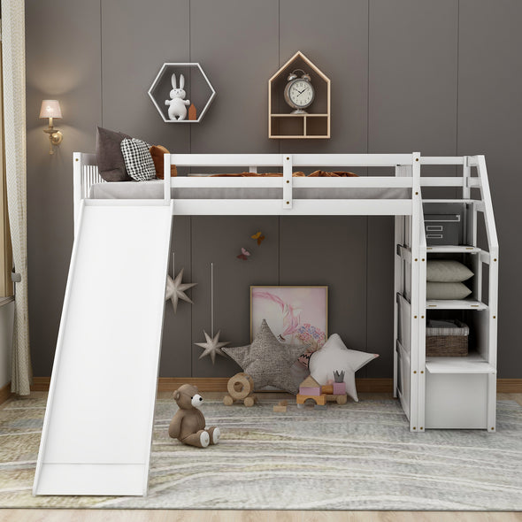 Twin Size Loft Bed with Storage and Slide, White(Expected Arrival Time:2.20)