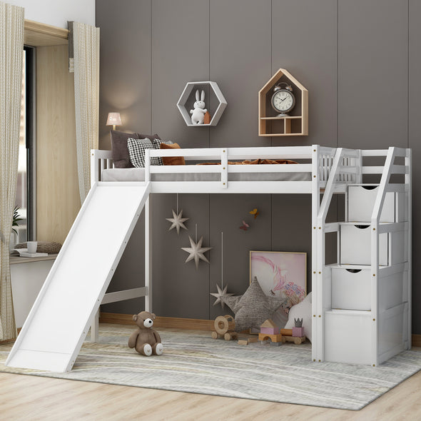 Twin Size Loft Bed with Storage and Slide, White(Expected Arrival Time:2.20)