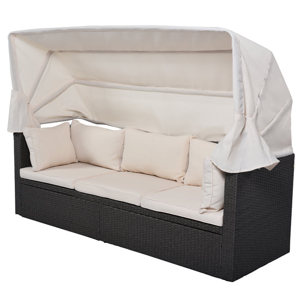 U_Style Brown Grey Outdoor Patio Set Rectangle Daybed with Retractable Canopy Set