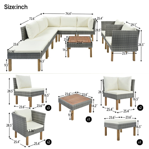GO 9-Piece Outdoor Patio Garden Wicker Sofa Set, Gray PE Rattan Sofa Set, with Wood Legs, Acacia Wood Tabletop, Armrest Chairs with Beige Cushions