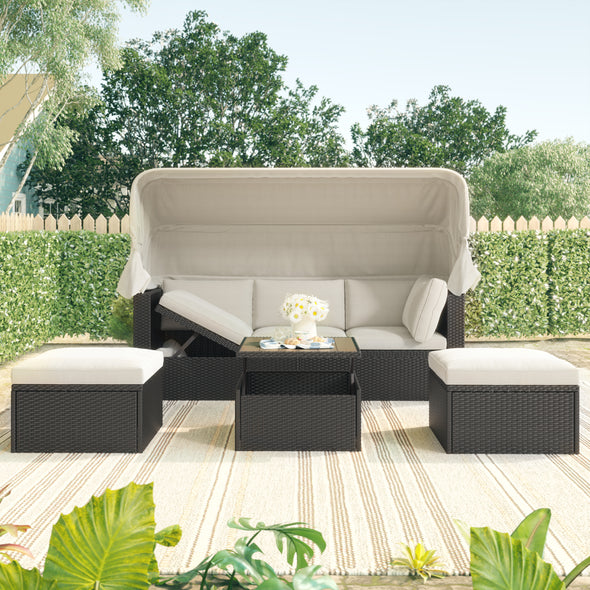 U_Style Brown Grey Outdoor Patio Set Rectangle Daybed with Retractable Canopy Set
