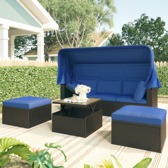 U_Style Blue Brown Outdoor Patio Set Rectangle Daybed with Retractable Canopy Set