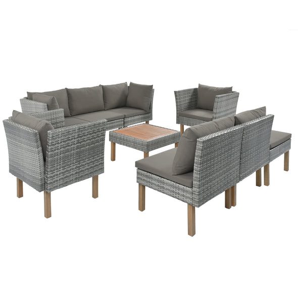 GO 9-Piece Outdoor Patio Garden Wicker Sofa Set, Gray PE Rattan Sofa Set, with Wood Legs, Acacia Wood Tabletop, Armrest Chairs with Gray Cushions