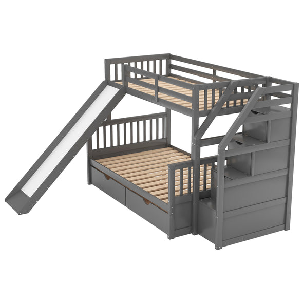 Twin over Full Bunk Bed with Drawers,Storage and Slide, Multifunction, Gray